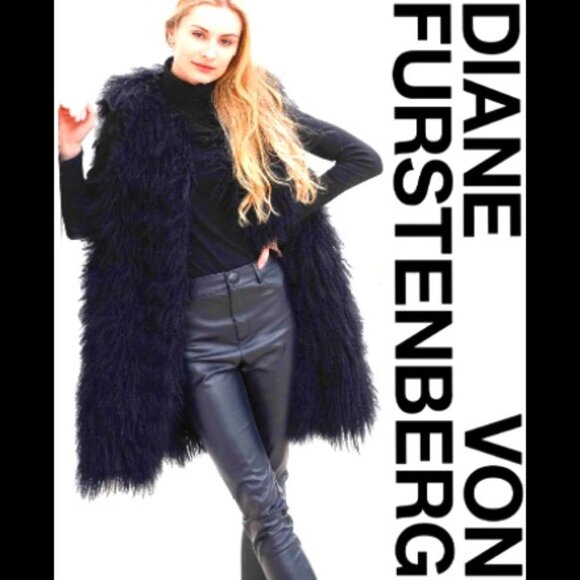 💋STUNNING!💋Diane von Furstenberg 100% Genuine Mongolian Lamb Fur Vest in Denim